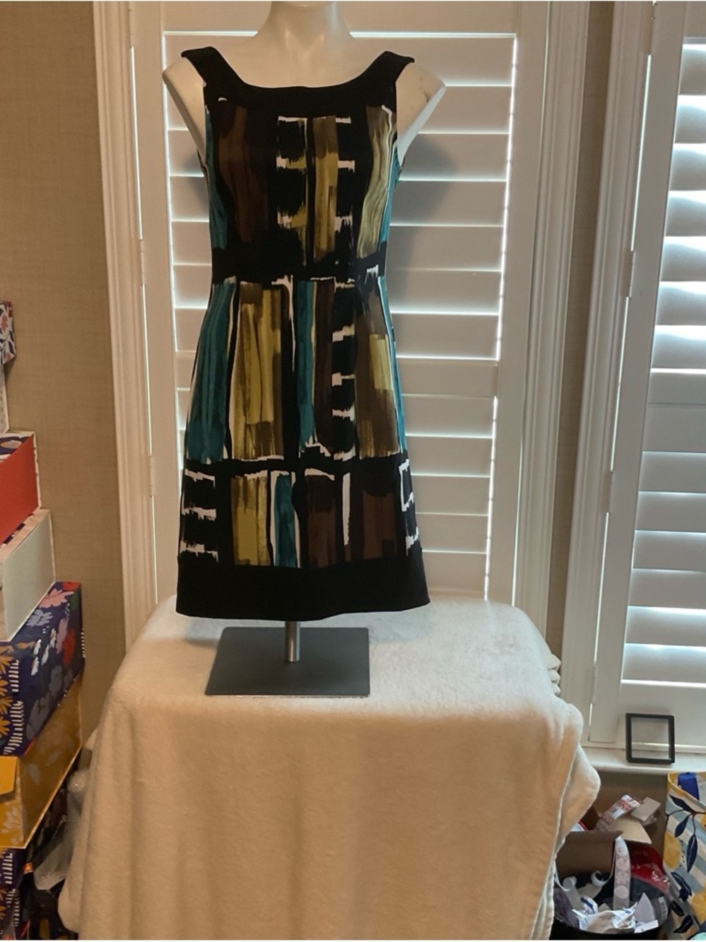 dressbarn Black Mini Dress with Teal and Olive Abstract Blocks
